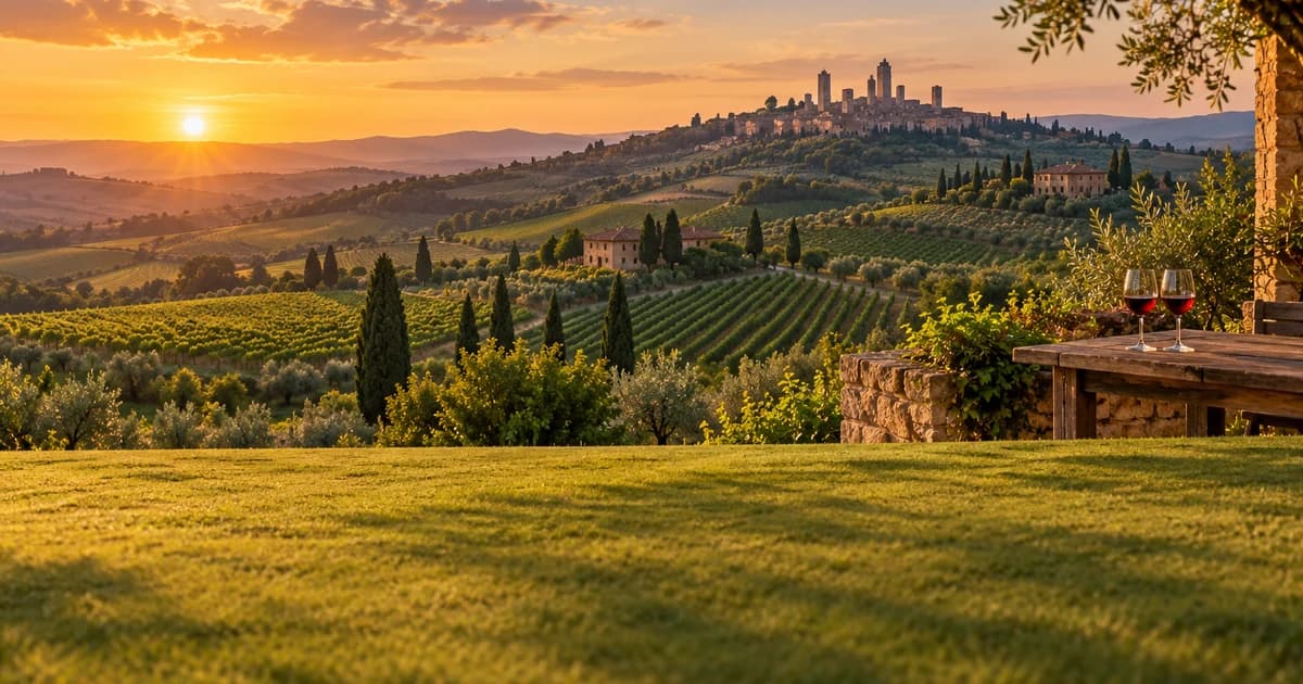 Illustration of vineyard hills around a European wine town at golden hour