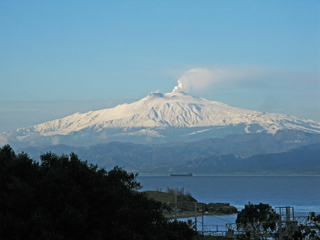 Snow-capped Etna seen across the Strait of Messina