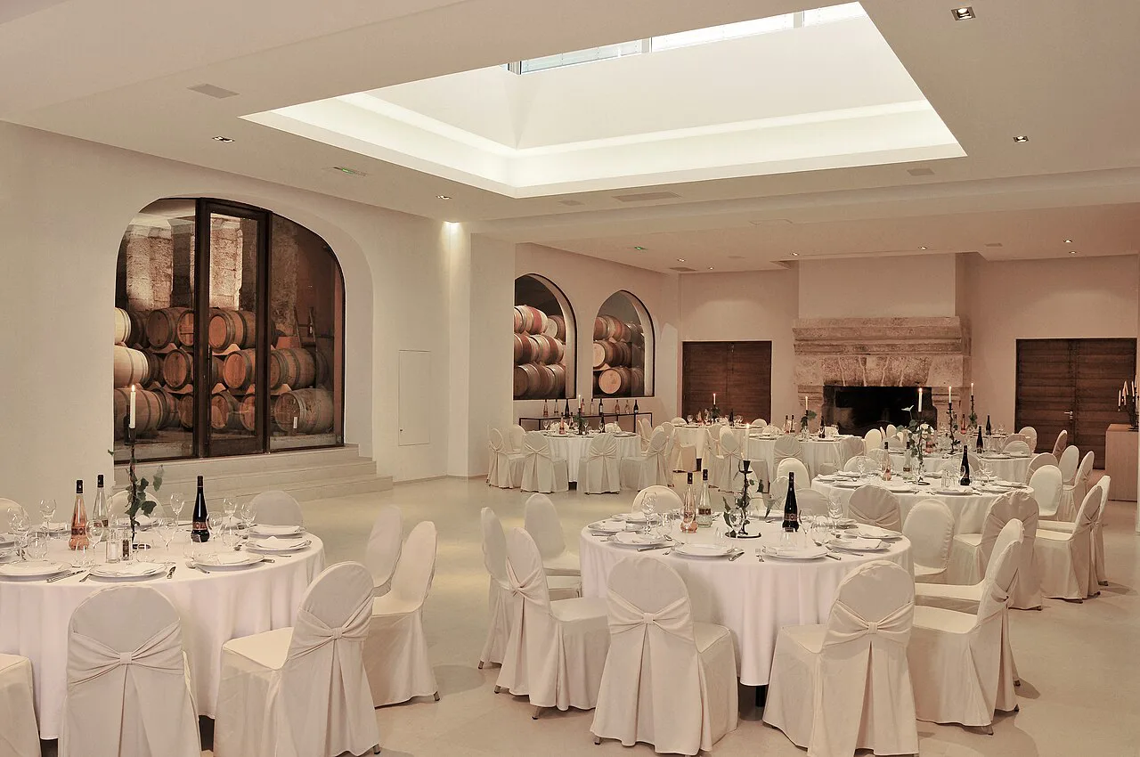 The barrel hall at Château Sainte Roseline, set for an event