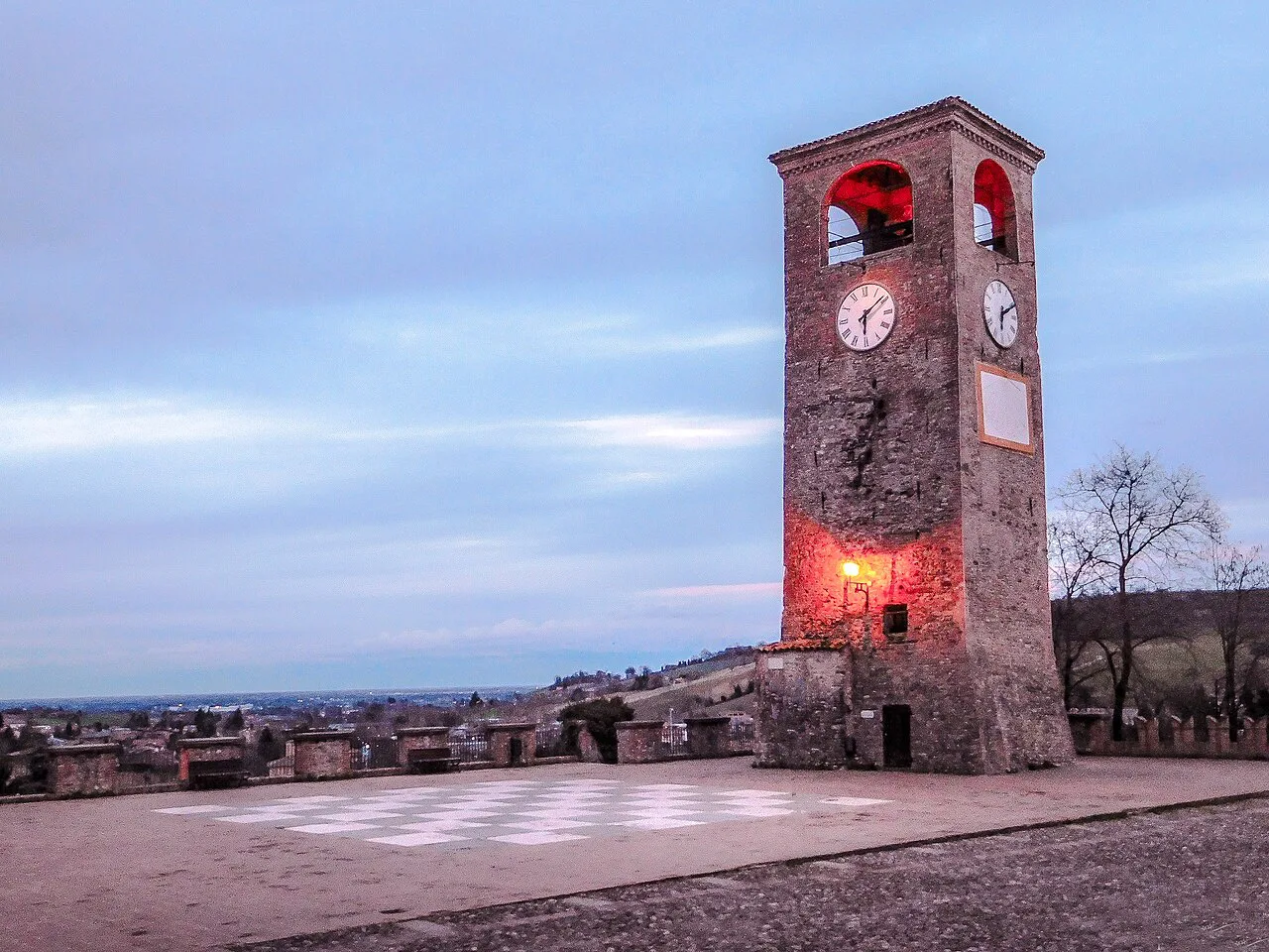 The clock tower on Piazza Roma in Castelvetro di Modena