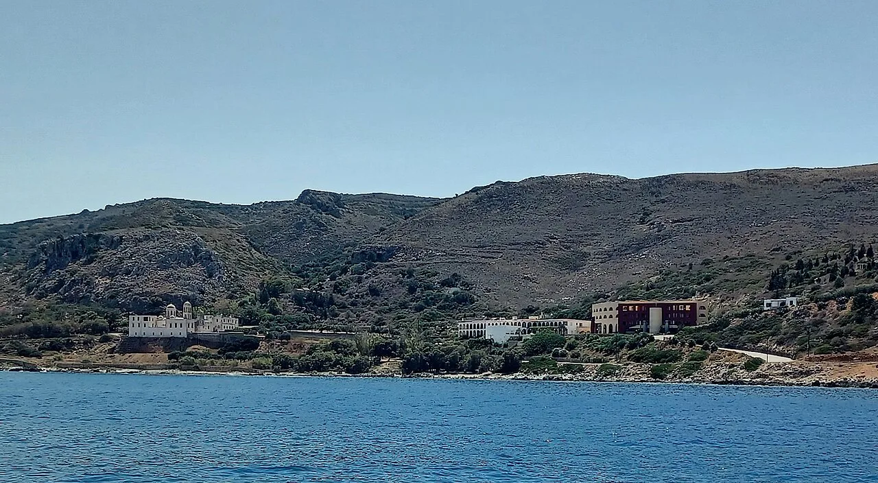 Gonia Monastery and the Orthodox Academy of Crete at Kolymvari, seen from the sea