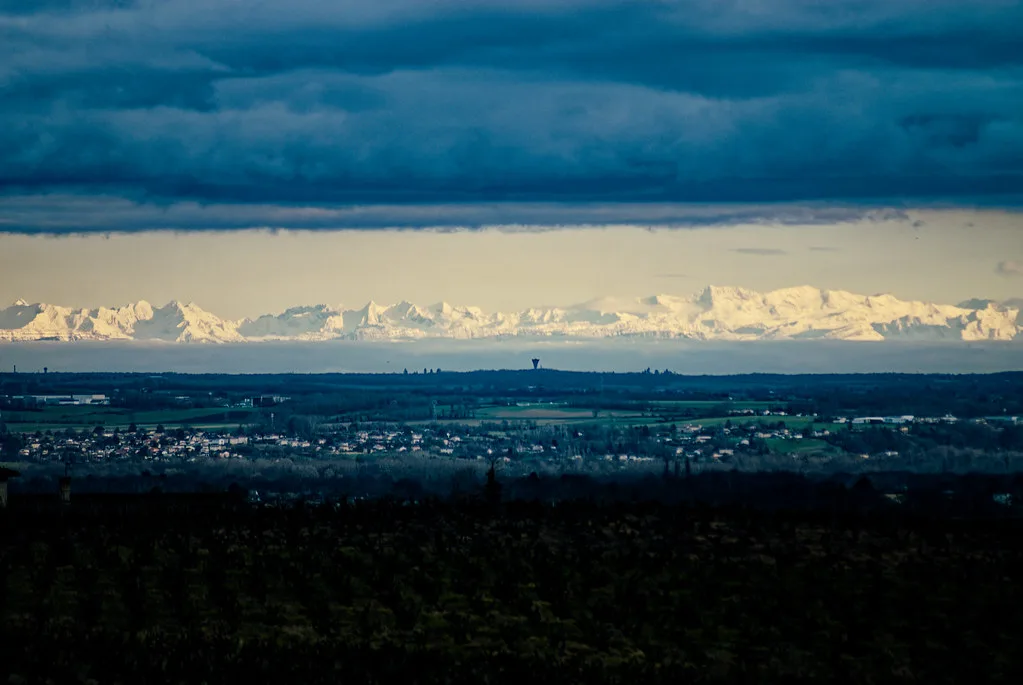 Panorama from the Beaujolais hills toward the Alps