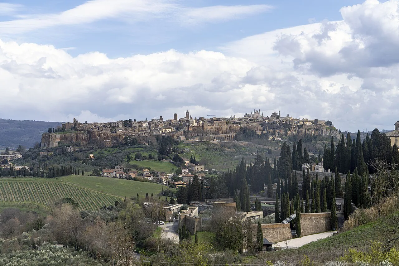 Orvieto above vineyards and cypresses