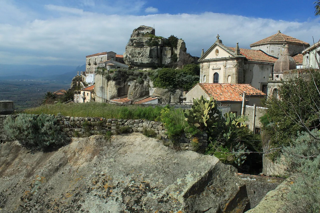 The castle rock and the Basilica of the Madonna della Catena in Castiglione di Sicilia
