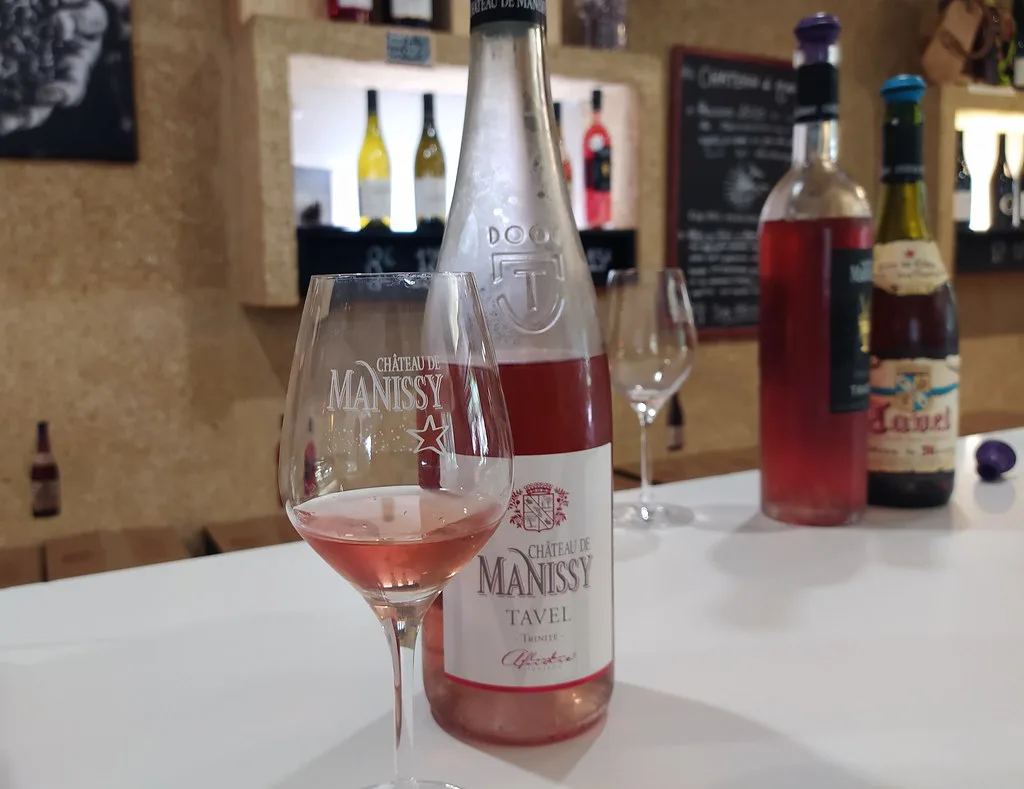 A glass of Tavel rosé at the Château Manissy tasting room in Tavel